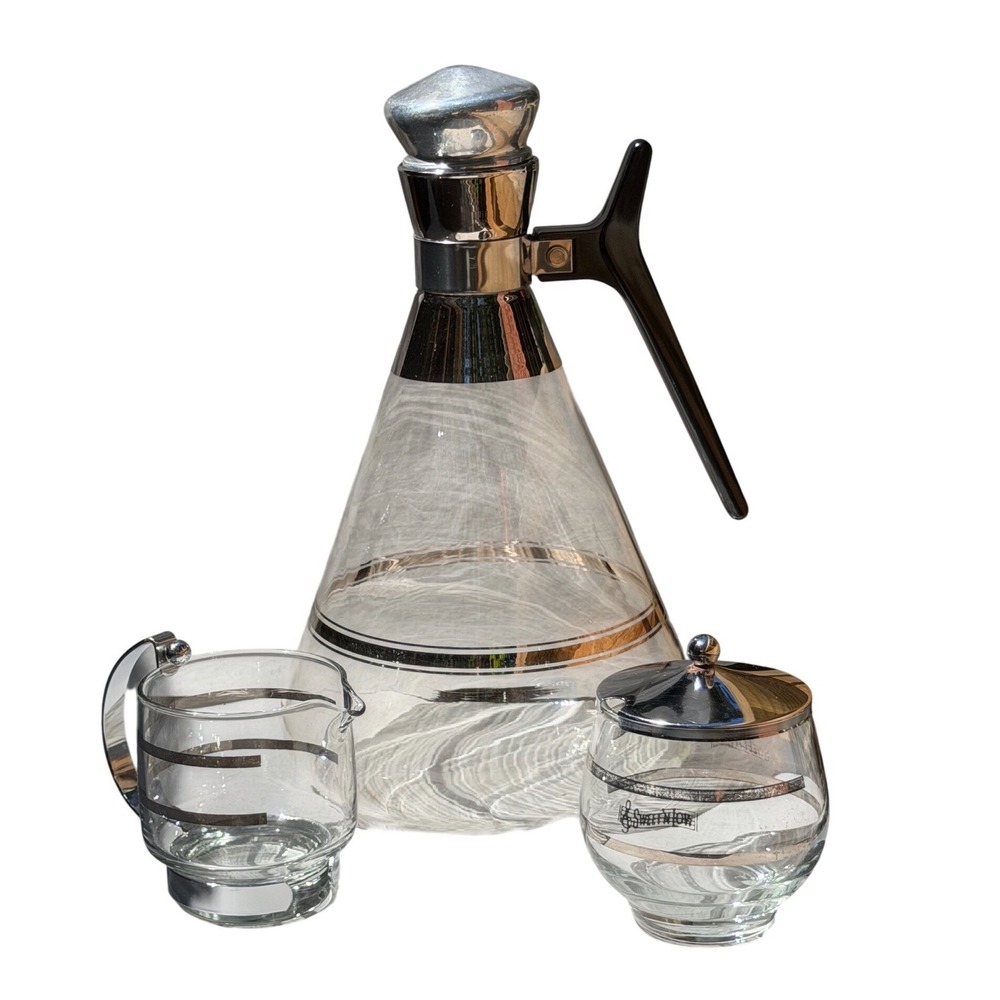 Mid Century Glass Coffee Carafe Set Silver Bands Warmer Stand Creamer Sugar Bowl